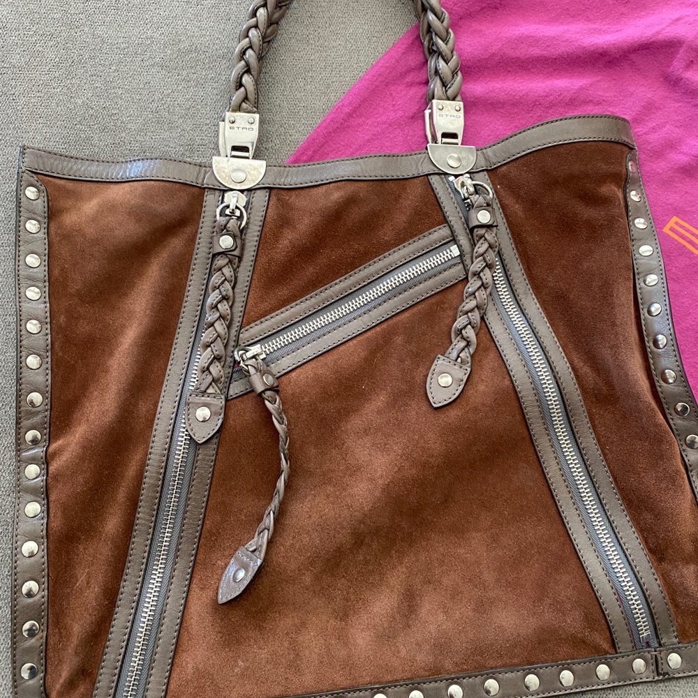Etro Brown Suede Studded Tote Bag - Picture 3 of 7